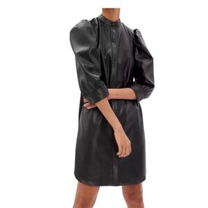 GAP Black Faux Leather Puff Sleeve Top